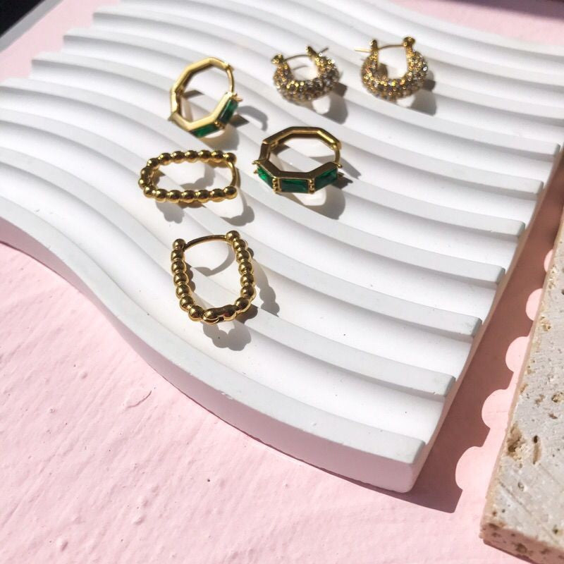 Stainless steel huggies with zirconia/ emerald stone/ pearl earrings/ gold heart shaped