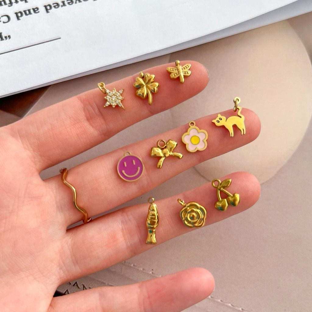 Stainless steel small mini pendant 1 pc/ cat icecream flower love ribbon small bear teddy smiley face clover star pendan