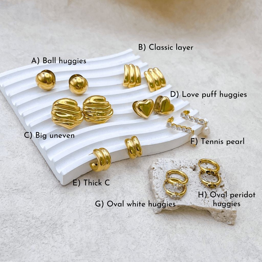 Stainless steel gold earrings love deign/ uneven design/ tennis diamond earrings 1 pair