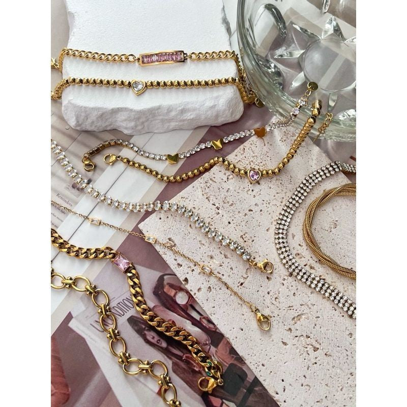 [Tarnish resistant] Stainless steel gold bracelet 1pc - love/ zirconia/ butterfly/ teniss chain design
