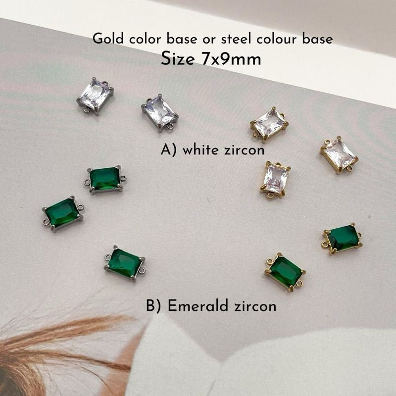 Stainless steel rectangle zirconia double hoop/ White zirconia green emerald pendant