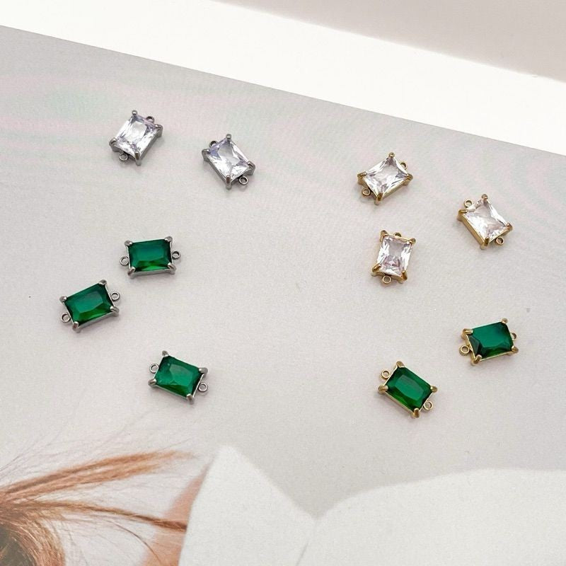 Stainless steel rectangle zirconia double hoop/ White zirconia green emerald pendant