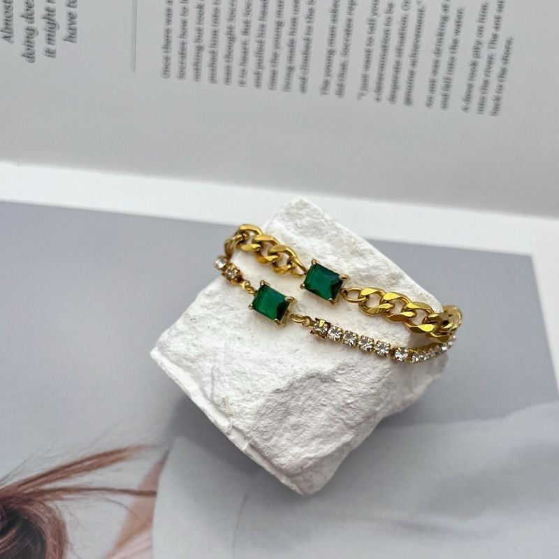 Stainless steel rectangle zirconia double hoop/ White zirconia green emerald pendant