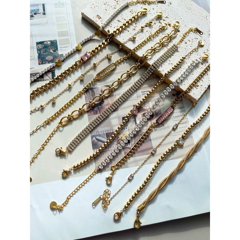 [Tarnish resistant] Stainless steel gold bracelet 1pc - love/ zirconia/ butterfly/ teniss chain design