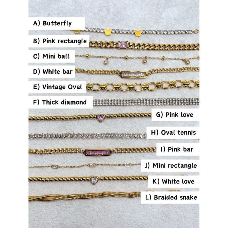 [Tarnish resistant] Stainless steel gold bracelet 1pc - love/ zirconia/ butterfly/ teniss chain design