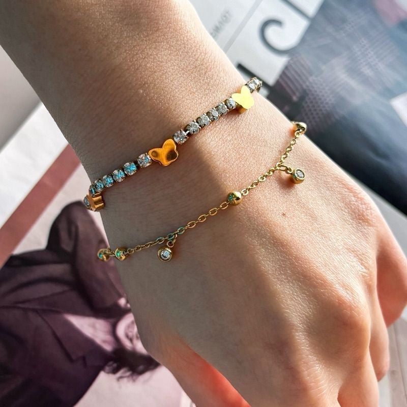 [Tarnish resistant] Stainless steel gold bracelet 1pc - love/ zirconia/ butterfly/ teniss chain design