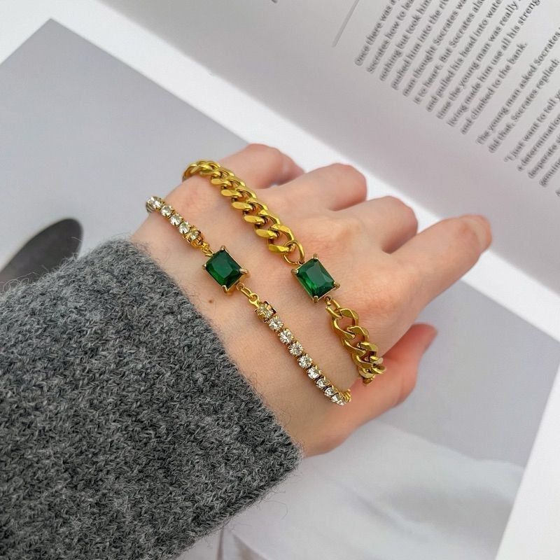 Stainless steel rectangle zirconia double hoop/ White zirconia green emerald pendant