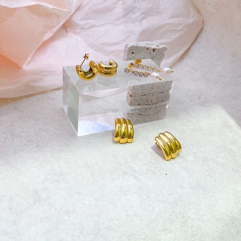 Stainless steel gold earrings love deign/ uneven design/ tennis diamond earrings 1 pair