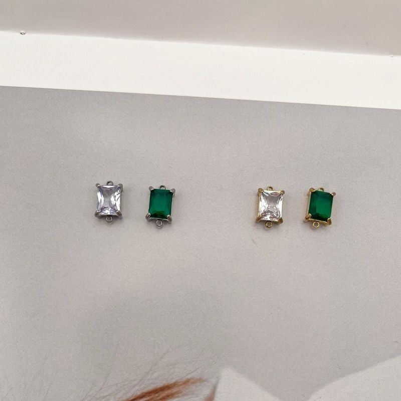 Stainless steel rectangle zirconia double hoop/ White zirconia green emerald pendant