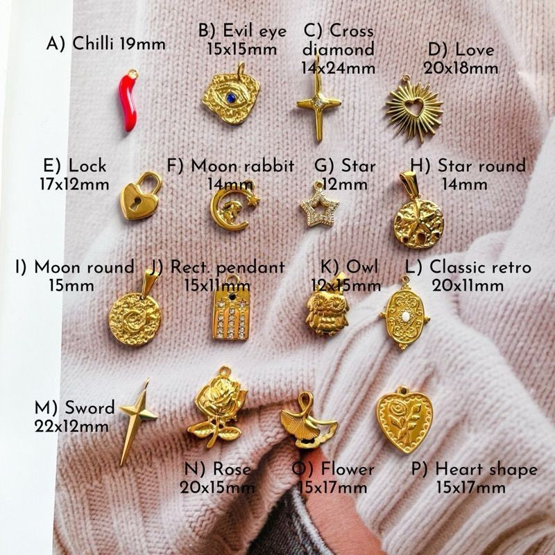 Stainless steel charm 1 pc - chilli/ love/ lock/ key/ cross/ evil eye