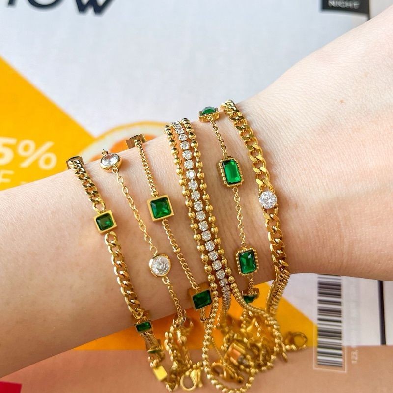 Stainless steel Emerald Green tennis cuban bracelet 1 pc/ lady accessories gold bracelet gelang tangan emas jewellery