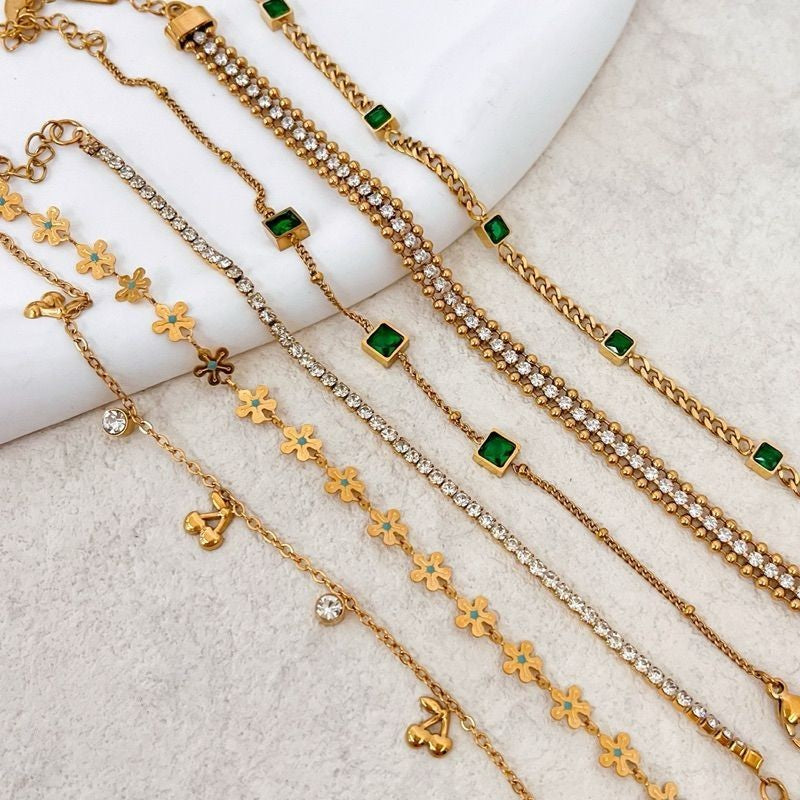 Stainless steel Emerald Green tennis cuban bracelet 1 pc/ lady accessories gold bracelet gelang tangan emas jewellery
