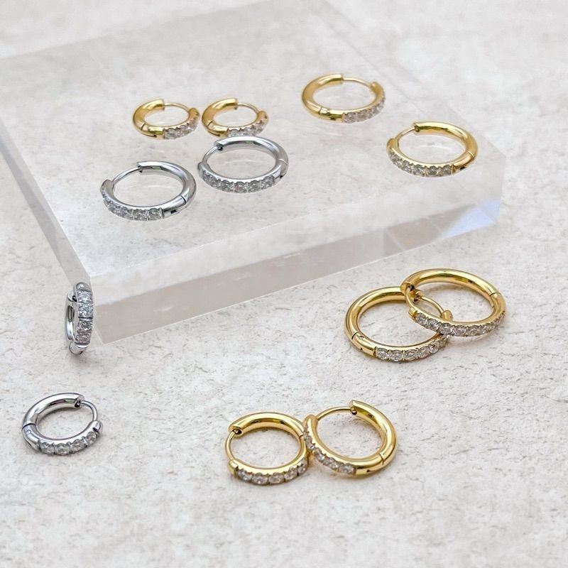 Stainless steel classic sparkle zirconia earrings huggies 1 pair/ Stainless steel material