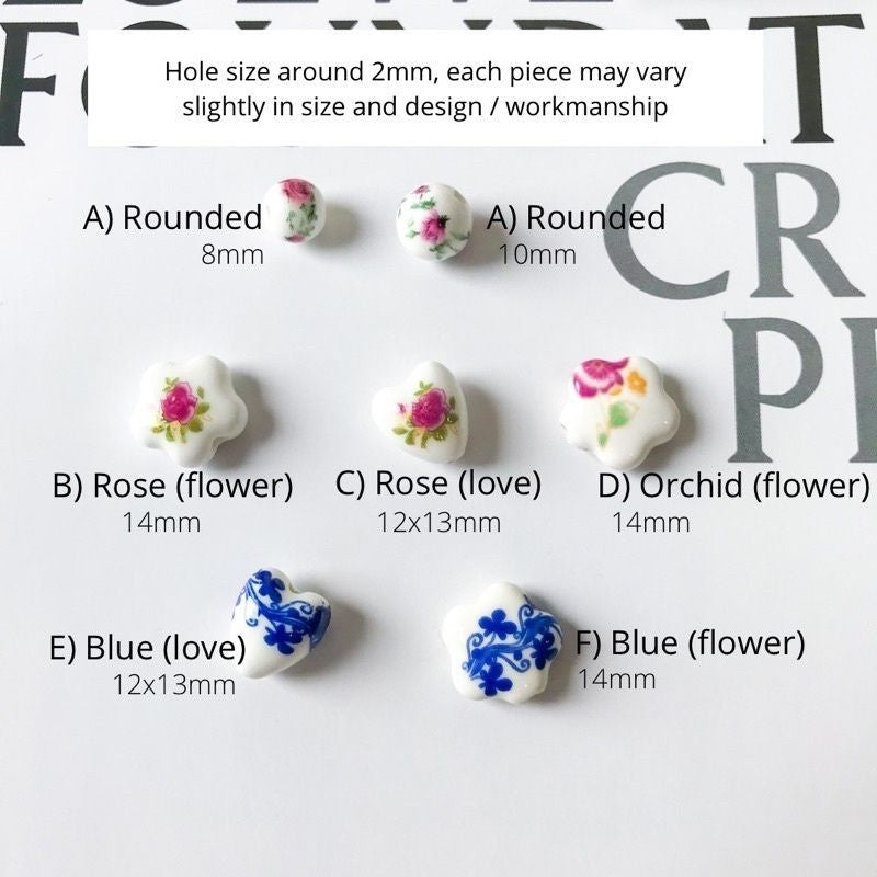 Porcelain Flower love shaped beads for jewellery diy/ Blue flower rose pendant