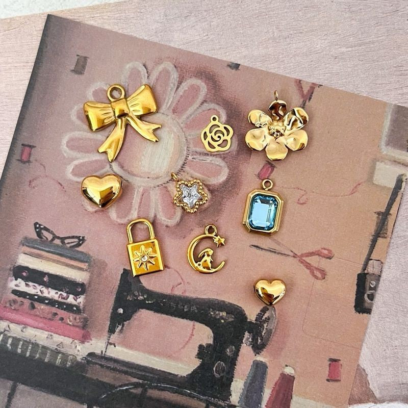 Stainless steel pendant 1 pc/ cherry moon sun love ribbon smiley face lock star pearl pendant for diy jewellery