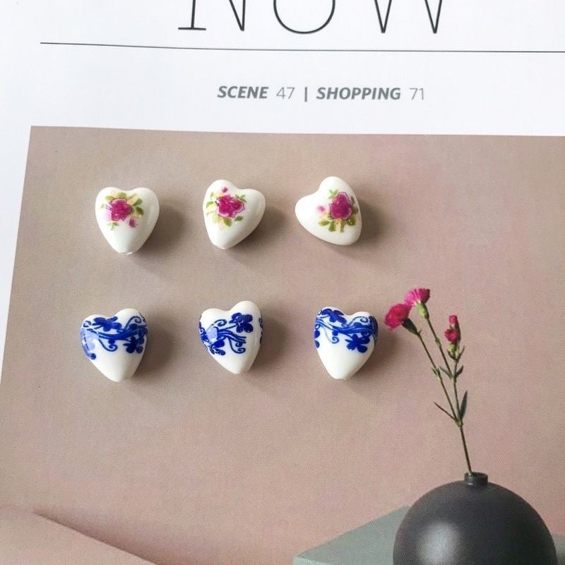 Porcelain Flower love shaped beads for jewellery diy/ Blue flower rose pendant