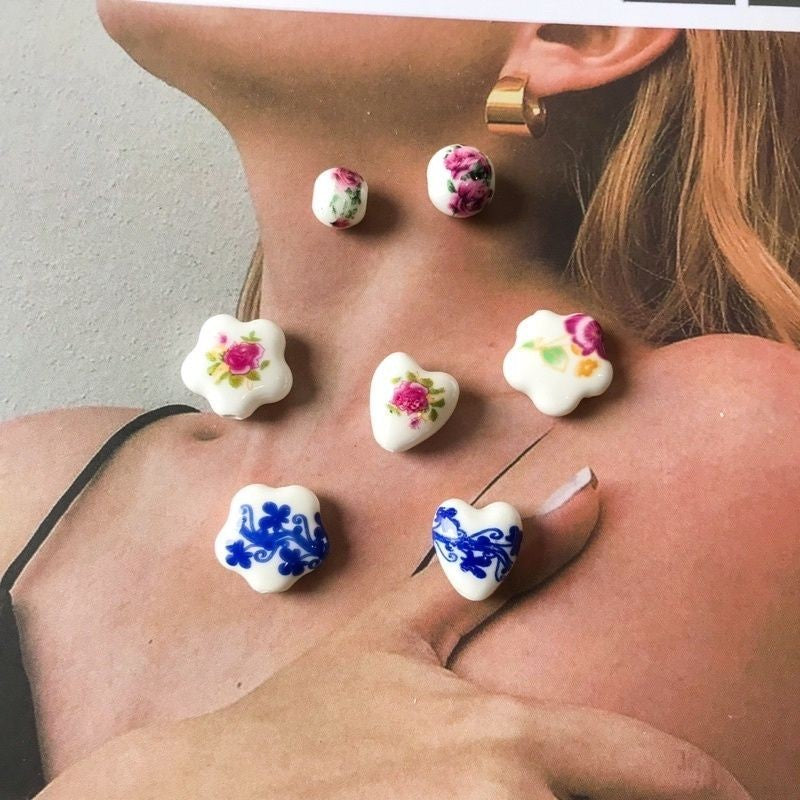 Porcelain Flower love shaped beads for jewellery diy/ Blue flower rose pendant