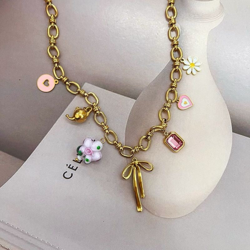 Stainless steel pendant 1 pc/ flower love pink mushroom strawberry star lock key sun teapot red heart evil eye butterfly