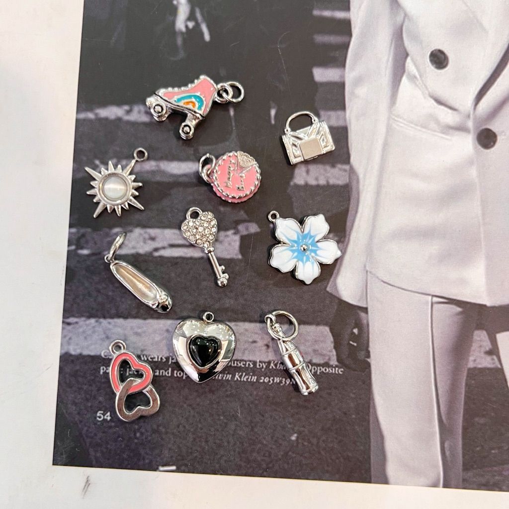 Stainless steel charm flower cat love heart cherry shoe pretzel sparkle bag key diy jewelry bracelet necklace 1pc