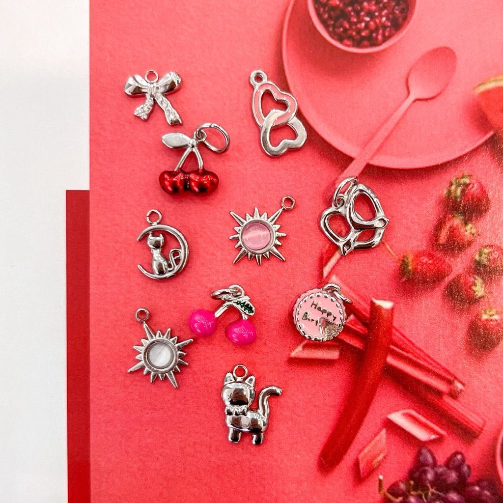 Stainless steel charm flower cat love heart cherry shoe pretzel sparkle bag key diy jewelry bracelet necklace 1pc