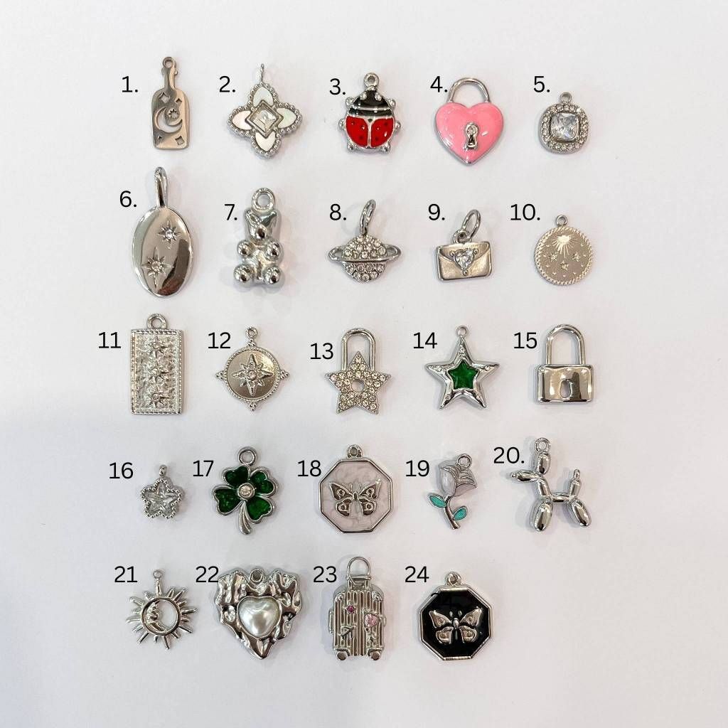 Stainless steel charm moon star ladybug lock bear butterfly clover tulip sun pearl diy jewelry bracelet necklace 1pc