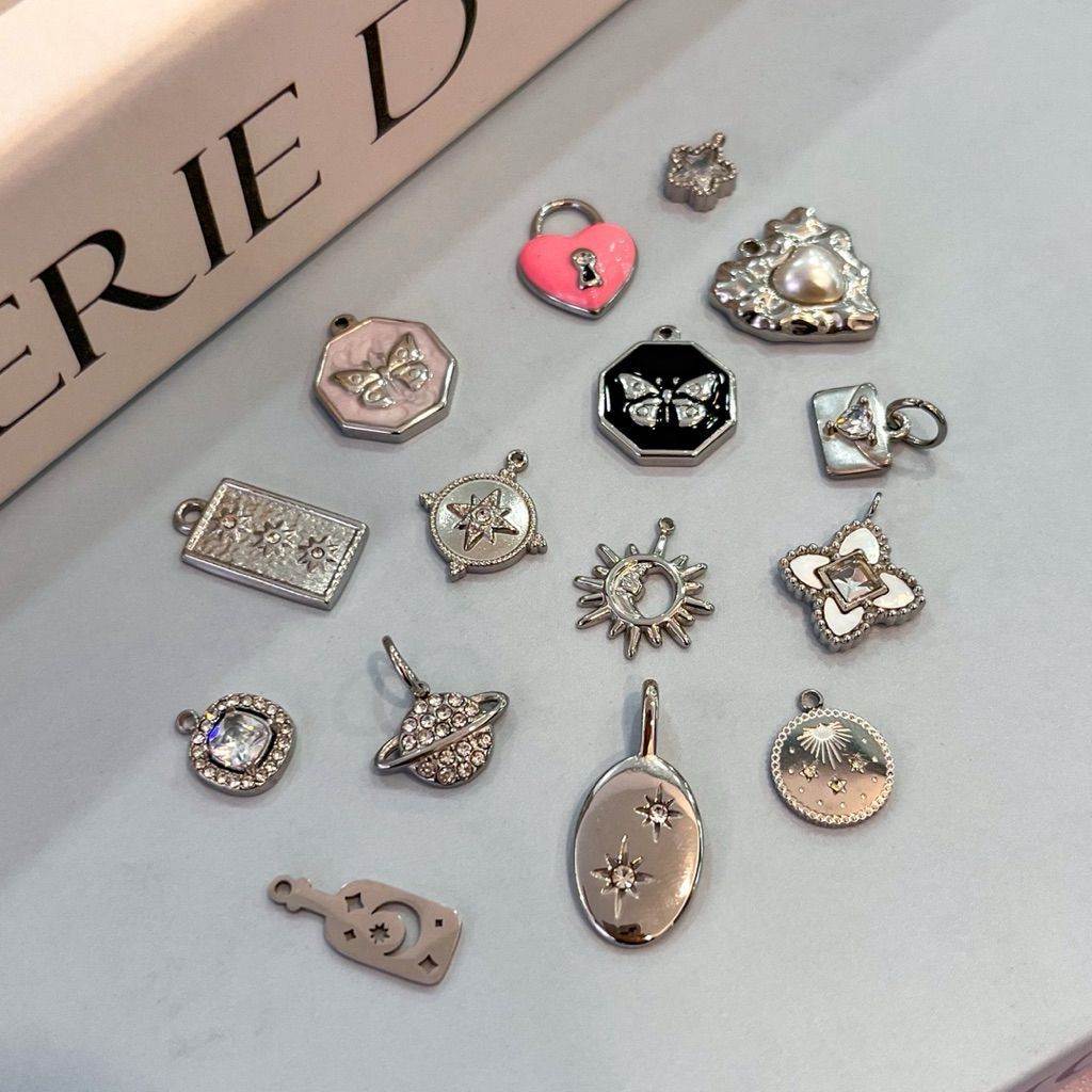 Stainless steel charm moon star ladybug lock bear butterfly clover tulip sun pearl diy jewelry bracelet necklace 1pc