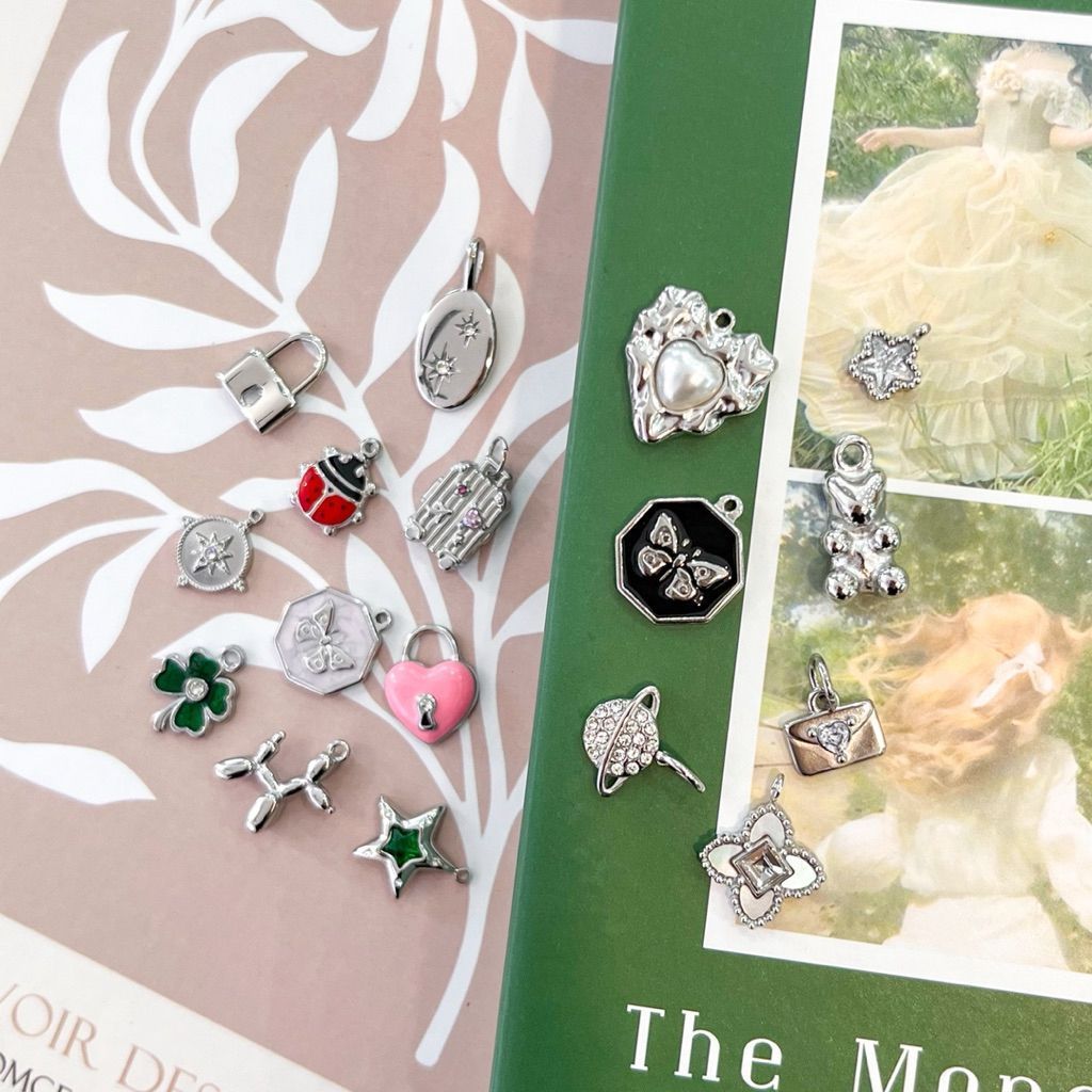 Stainless steel charm moon star ladybug lock bear butterfly clover tulip sun pearl diy jewelry bracelet necklace 1pc
