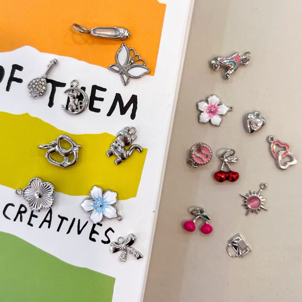 Stainless steel charm flower cat love heart cherry shoe pretzel sparkle bag key diy jewelry bracelet necklace 1pc