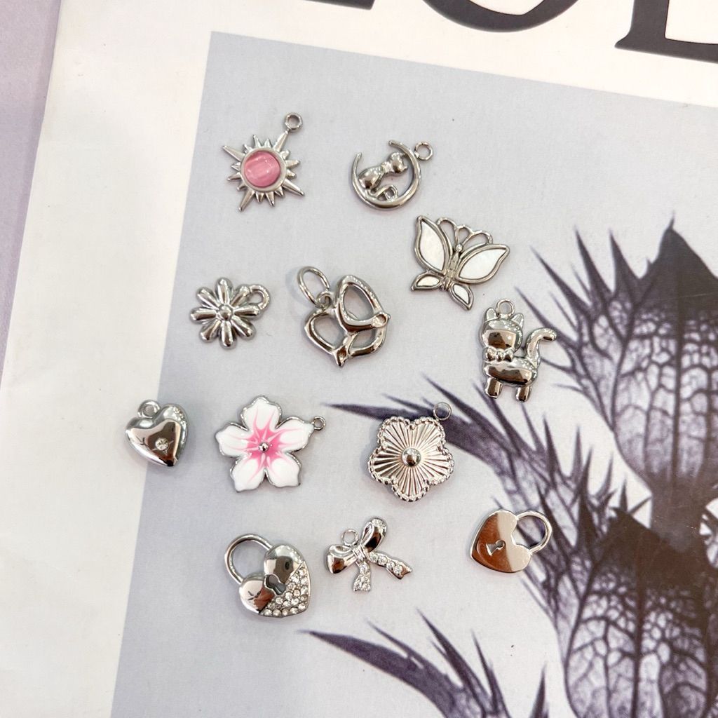 Stainless steel charm flower cat love heart cherry shoe pretzel sparkle bag key diy jewelry bracelet necklace 1pc