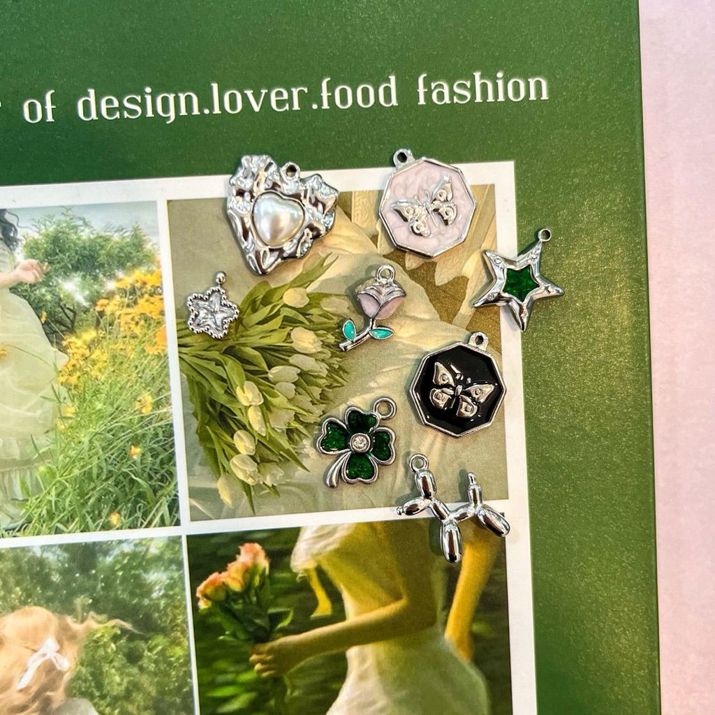 Stainless steel charm moon star ladybug lock bear butterfly clover tulip sun pearl diy jewelry bracelet necklace 1pc