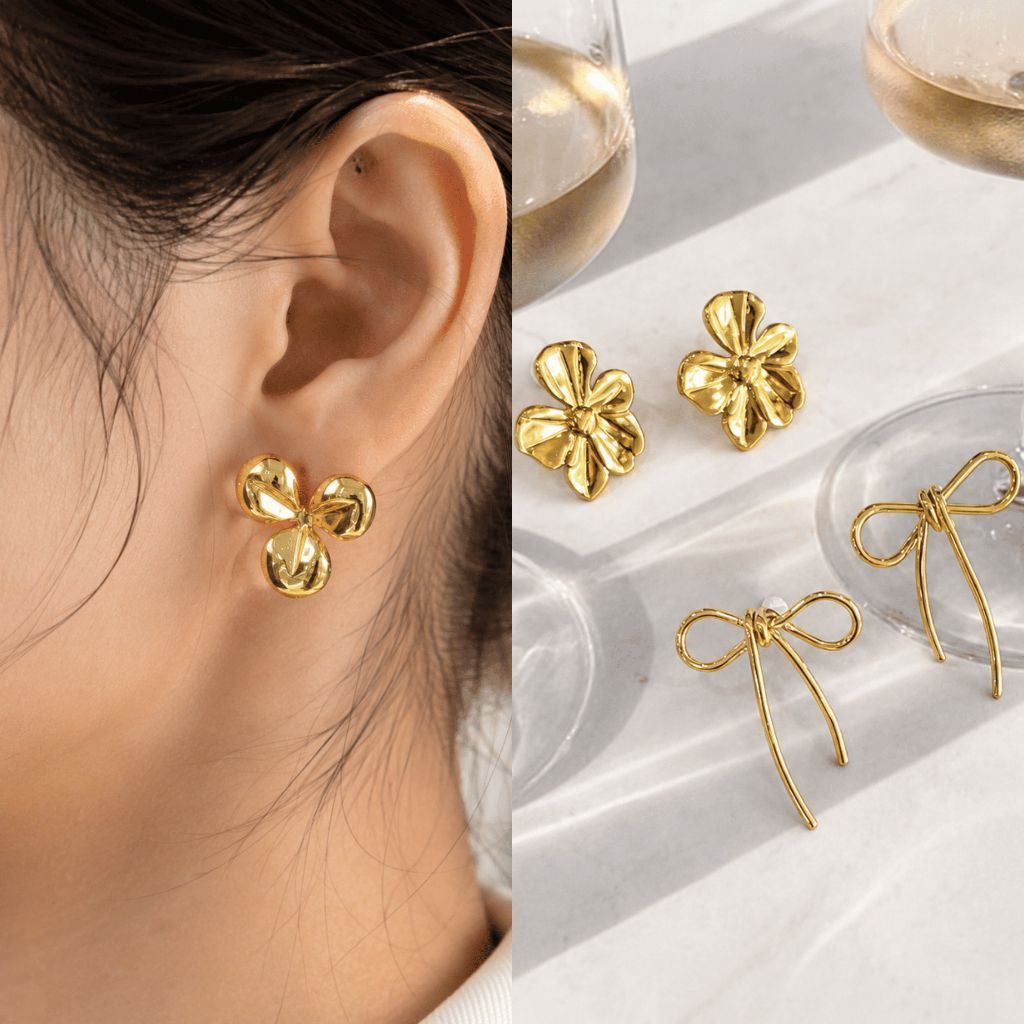 Flower earrings stainless steel/ ribbon earring daisy earring classic diamond earring
