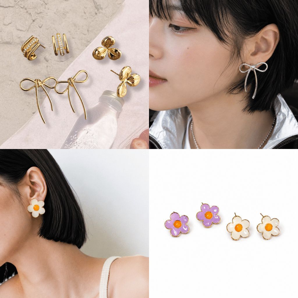 Flower earrings stainless steel/ ribbon earring daisy earring classic diamond earring