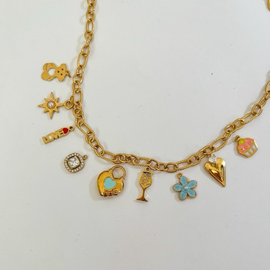 Stainless steel pendant 1pc/ love flower fish glass chilli cherry evil eye moon bear lock mushroom poker cupcakes star