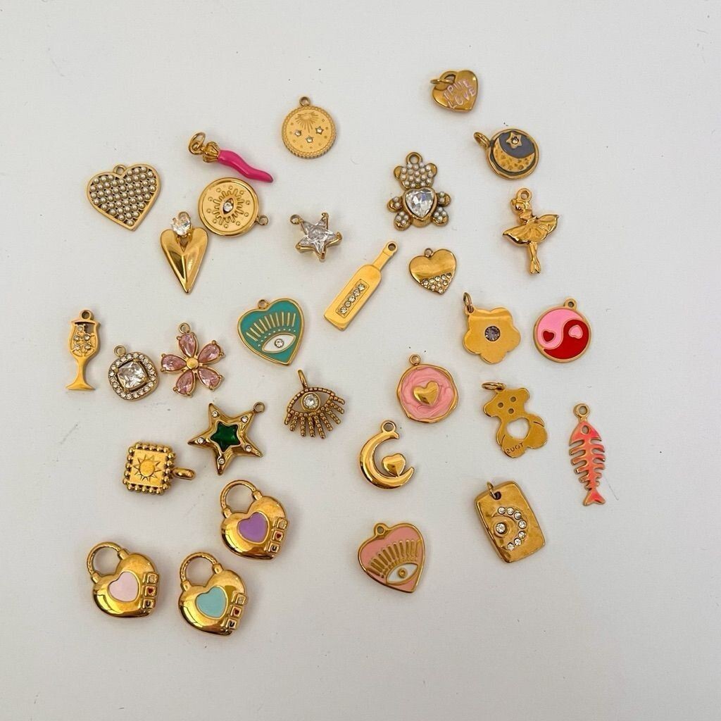 Stainless steel pendant 1pc/ love flower fish glass chilli cherry evil eye moon bear lock mushroom poker cupcakes star