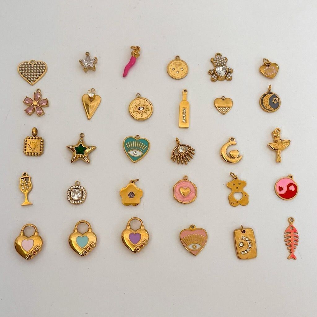 Stainless steel pendant 1pc/ love flower fish glass chilli cherry evil eye moon bear lock mushroom poker cupcakes star