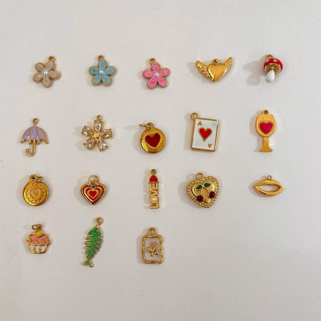 Stainless steel pendant 1pc/ love flower fish glass chilli cherry evil eye moon bear lock mushroom poker cupcakes star