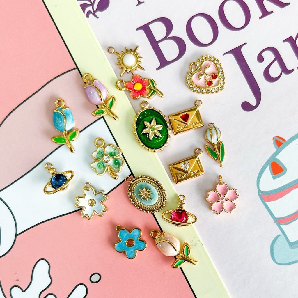 Stainless steel charms planet/sparkle/clover/envelope/camera/saturn/sakura/tulip/flower/love galaxy/ diy jewellery