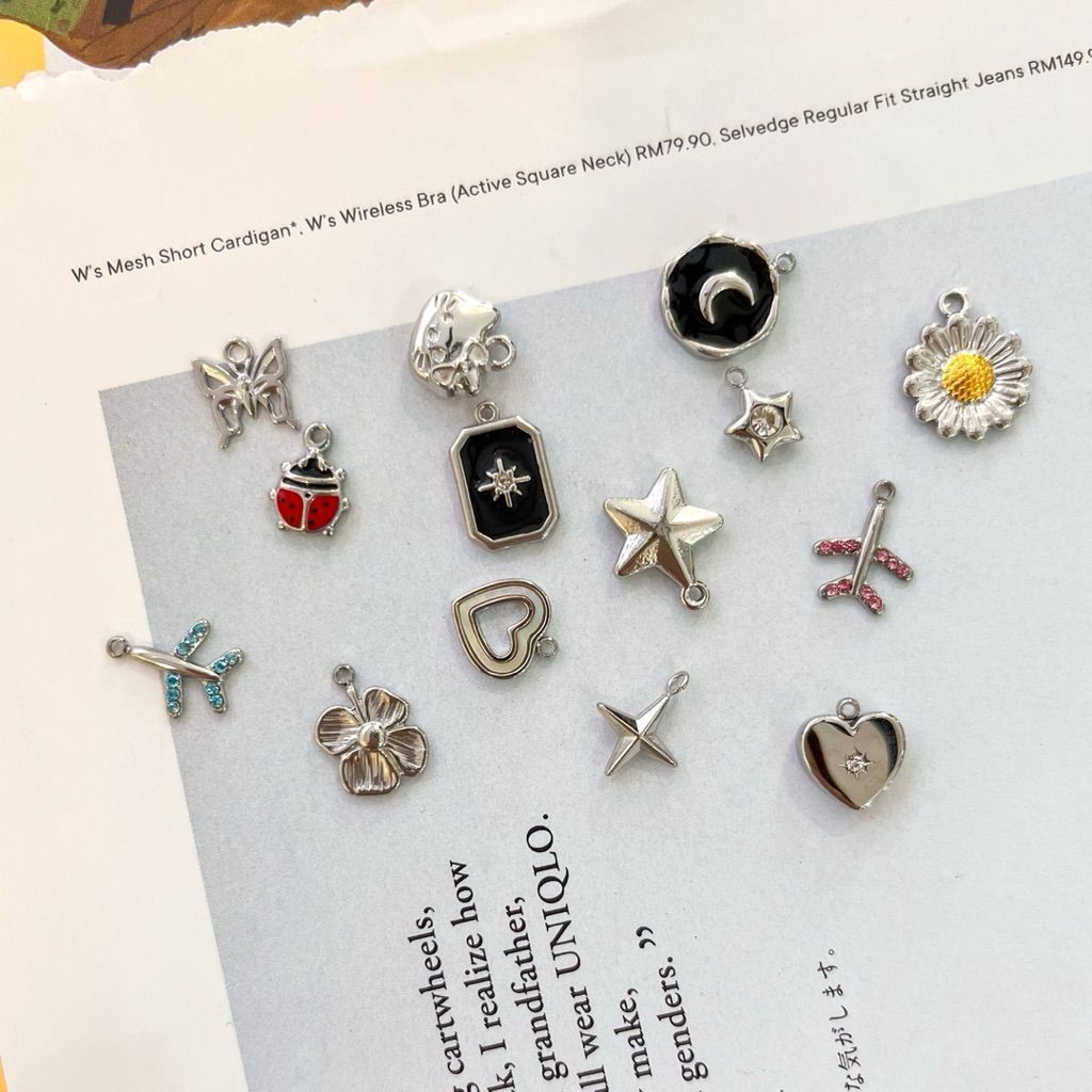 Stainless steel charms moon/plane/key/star/butterfly/flower/rose/hummingbird/clover/heart/love pendants diy jewelry 1pc